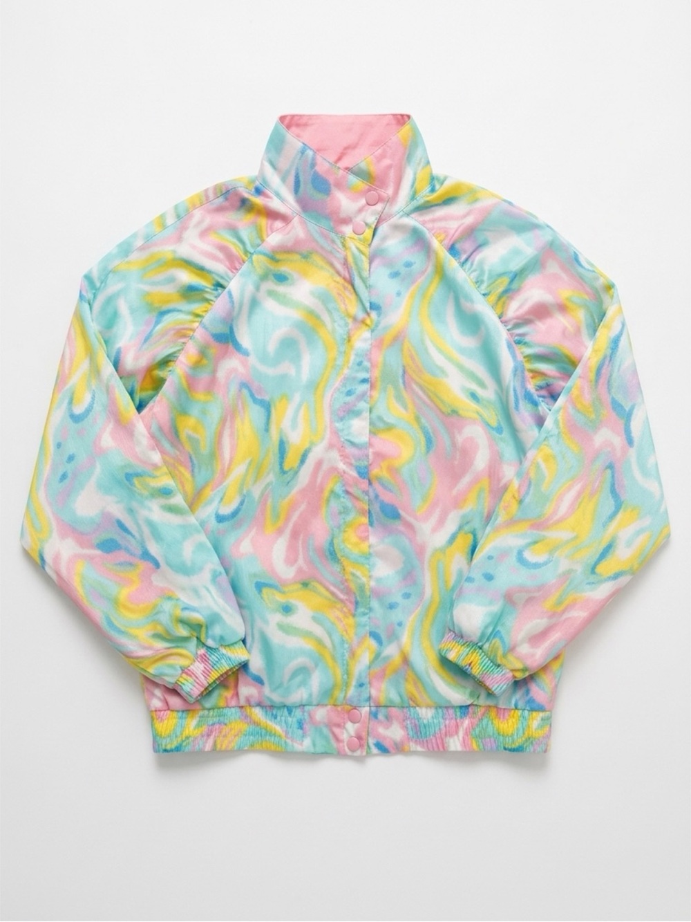 Vintage 80s 90s Bocco Pastel Marble Swirl Track Jacket Bomber Puff Sleeve Medium